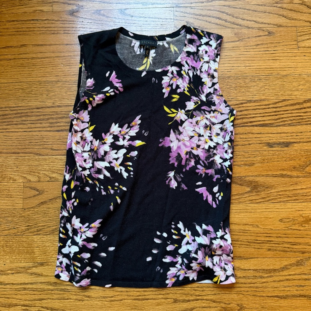 Escada Black Tank with Purple Floral Pattern